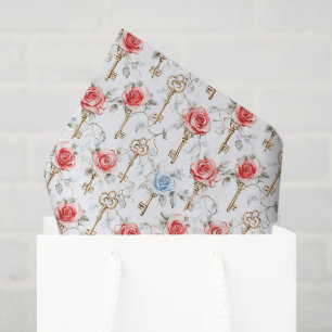 Papier Mousseline Roses rouges bleues Clés dorées Baby Shower