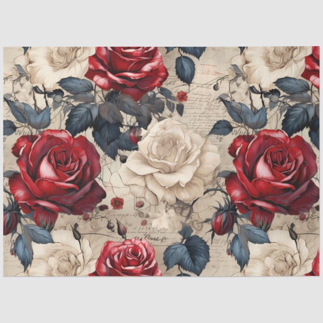 Papier Mousseline Roses rouges et blanches Découpage Vintage inspiré (Recto)