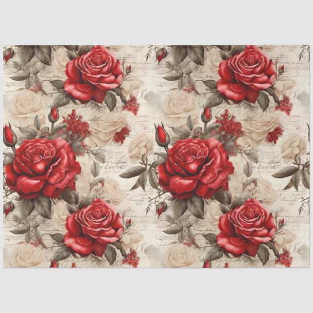 Papier Mousseline Roses rouges et blanches Découpage Vintage inspiré (Recto)