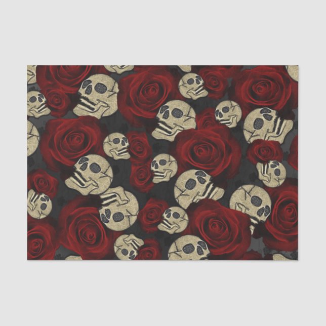Papier Mousseline Roses rouges et crânes gris noir floral gothique (Recto)