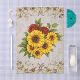 Papier Mousseline Roses Rouges Tournesols Fond Chic Ivoire Délabré