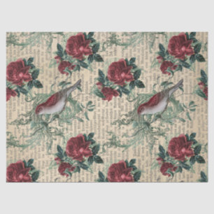 Papier Mousseline Roses rouges Vintages et découpage d'oiseaux