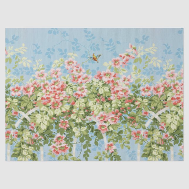 Papier Mousseline Roses SAUVAGES, FEUILLES VERTS, OISEAU VOLANT DANS (Recto)