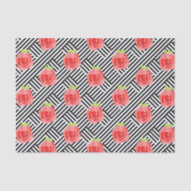 Papier Mousseline Roses sur les rayures noires et blanches (Recto)