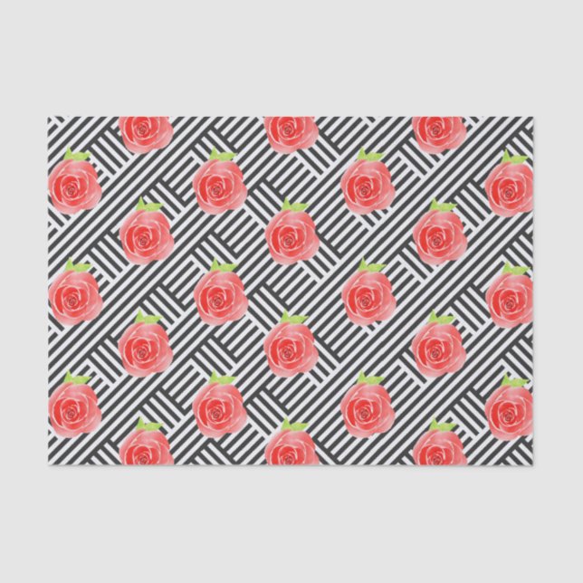 Papier Mousseline Roses sur rayures noires et blanches (Recto)