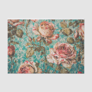 Papier Mousseline Roses vintages sur papier de tissus Turquoises