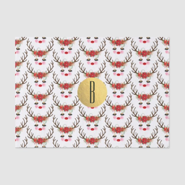 Papier Mousseline Rosy Cheeks Gold Eyes Floral Reindeer Holiday (Recto)
