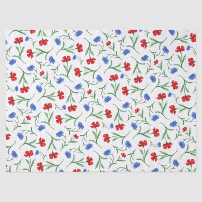 Papier Mousseline Rouge Bleu Flore Motif Fleur sauvage élégant (Recto)
