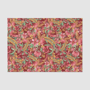 Papier Mousseline Rouge Golden Jaune Vert Aquarelle Fleurs Motif