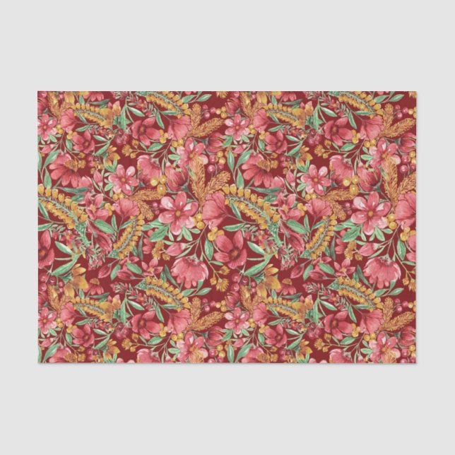 Papier Mousseline Rouge Golden Jaune Vert Aquarelle Fleurs Motif (Recto)