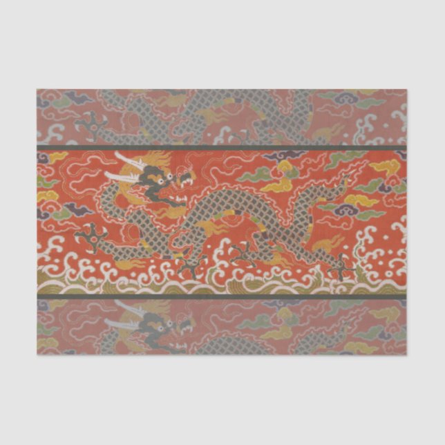 Papier Mousseline Rouge Impérial et Noir, Motif de soie du Dragon (Recto)