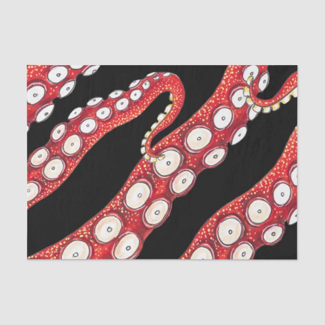 Papier Mousseline Rouge Kraken Octopus Tentacles Noir (Recto)