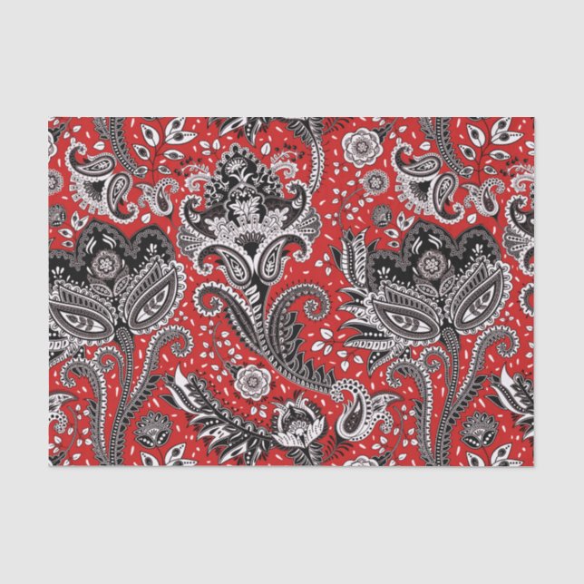 Papier Mousseline Rouge noir et blanc Floral Paisley Bohemian Boho (Recto)
