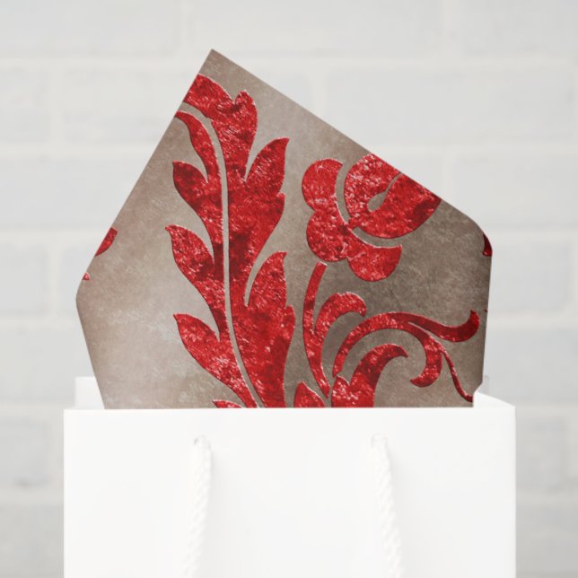 Papier Mousseline Rouge Or Faux Velvet Damask Élégant (Sac cadeau)