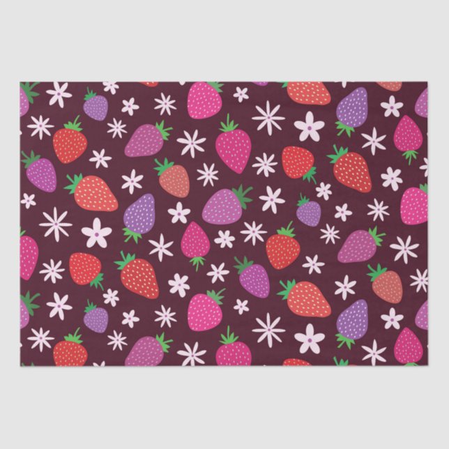 Papier Mousseline Rouge rose mauve fraise motif floral (Recto)