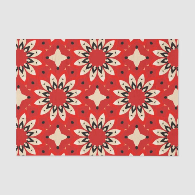 Papier Mousseline Rouge vibrant Floral Ethnic Motif de mosaïque géom (Recto)