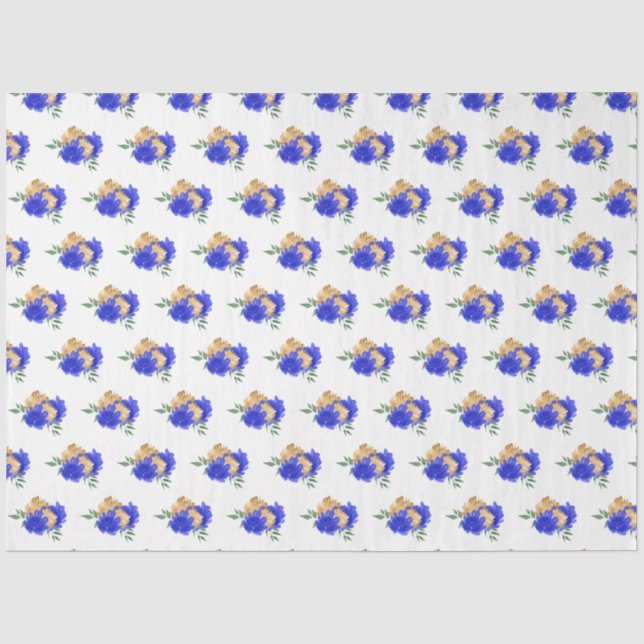 Papier Mousseline Royal Blue Flowers et Motif de verdure (Recto)