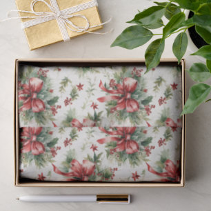 Papier Mousseline Rubans rouges et feuilles de houx