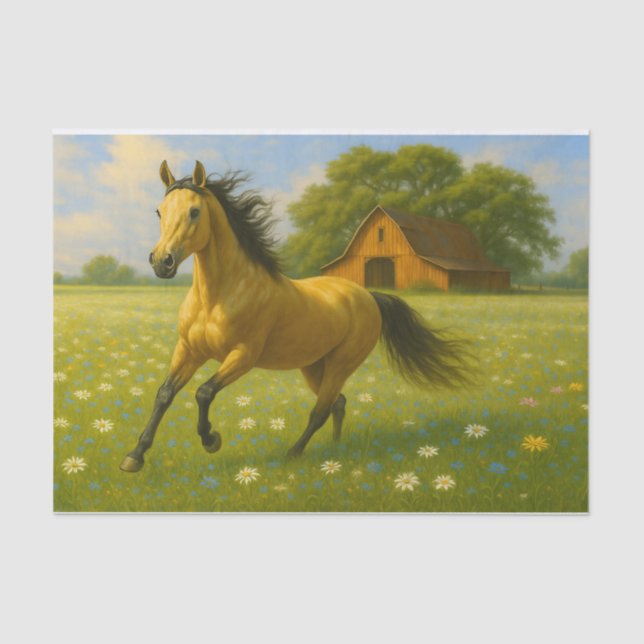 Papier Mousseline Running Horse in Barnyard Pasture Decoupage Paper (Recto)