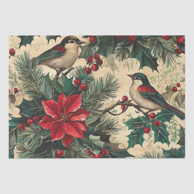 Papier Mousseline Rustic Bird et Poinsettia Motif de Noël (12) (Recto)