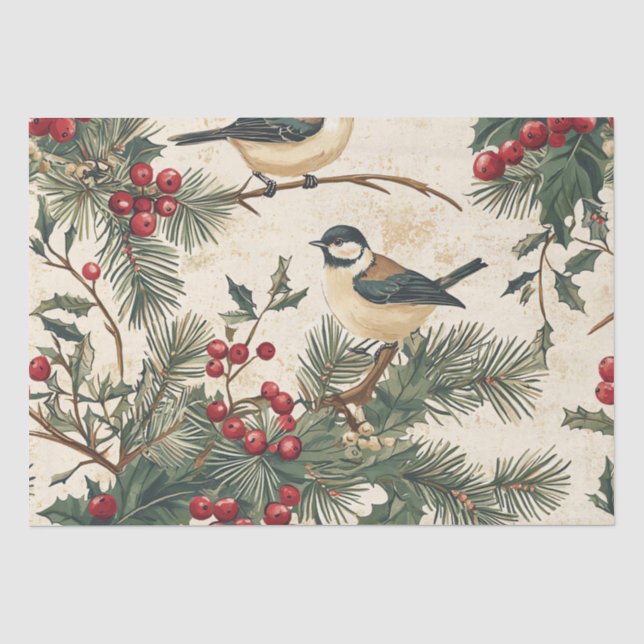 Papier Mousseline Rustic Bird et Poinsettia Motif de Noël (8) (Recto)