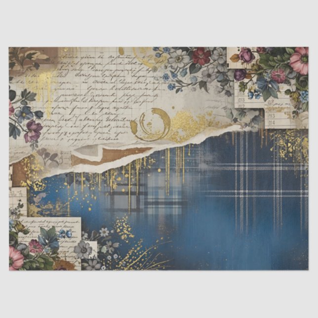 Papier Mousseline Rustic Blue Denim Ephemera Floral Decoupage Print (Recto)