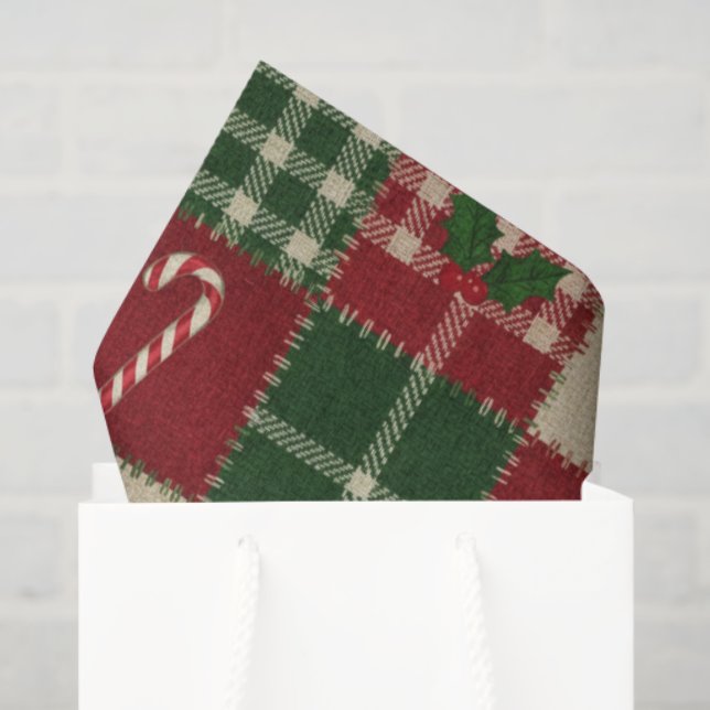Papier Mousseline Rustic Christmas Quilt Plaid (Sac cadeau)