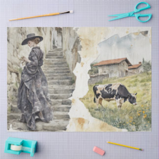 Papier Mousseline Rustic Girl on Stone Steps Cow Pasture Watercolor