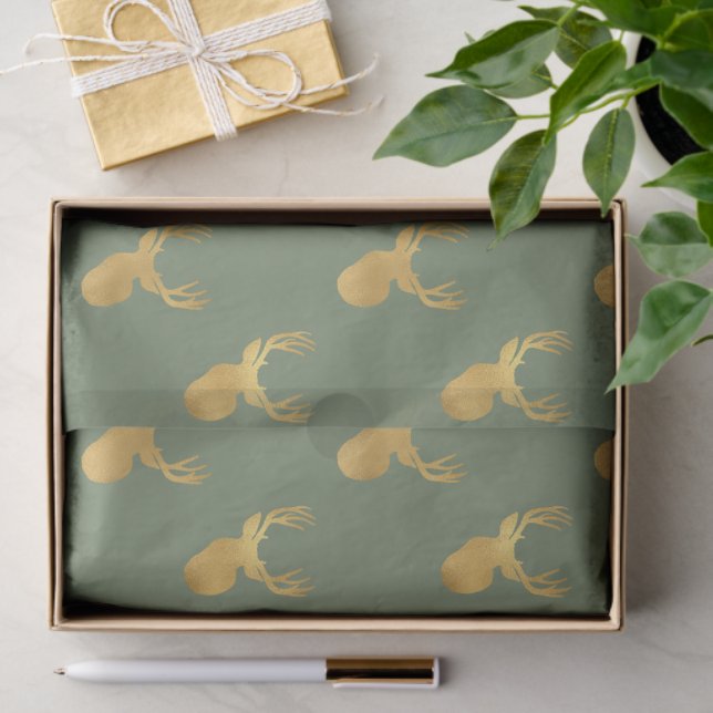 Papier Mousseline Rustic Olive Green Gold Deer Christmas (Cadeau)