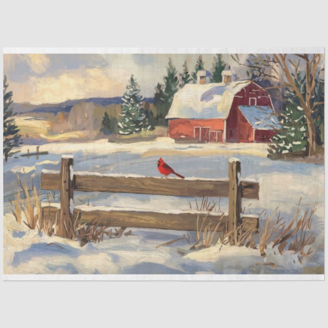 Papier Mousseline Rustic Red Barn Cardinal Bird Farmhouse Decoupage (Recto)
