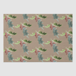 Papier Mousseline Rustique Kraft Noël Floral Holly Red Berries