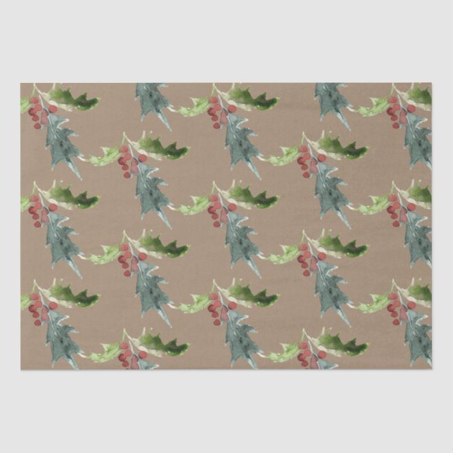 Papier Mousseline Rustique Kraft Noël Floral Holly Red Berries (Recto)