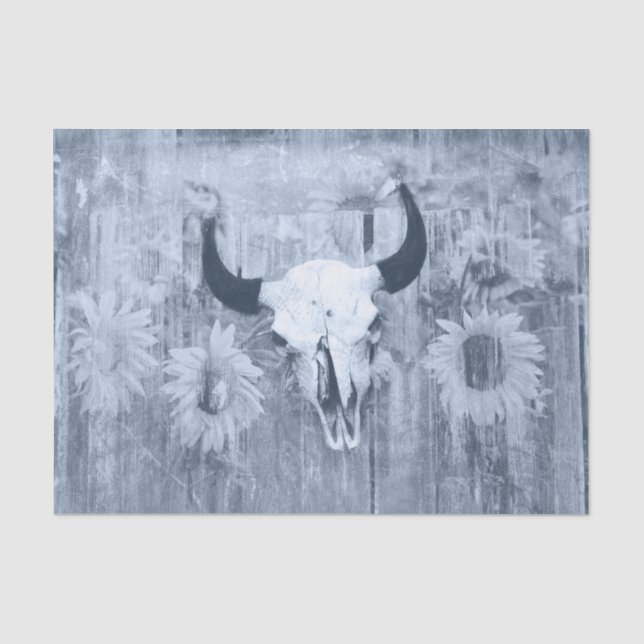 Papier Mousseline Rustique Western Bull Skull Dusty Blue Sunflowers (Recto)