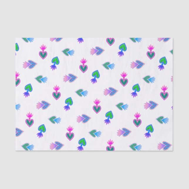 Papier Mousseline Sacred Hearts Catholiques Folk Bleu Rouge (Recto)