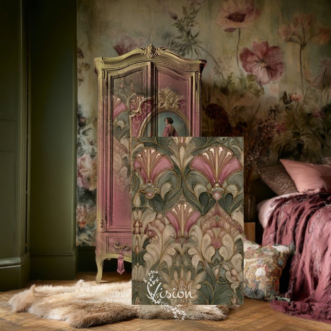 Papier Mousseline Sage Blush Éventail Art Nouveau Motif Damassé (Sage green blush art nouveau fan damask panel dark floral bedroom armoire fur rug)