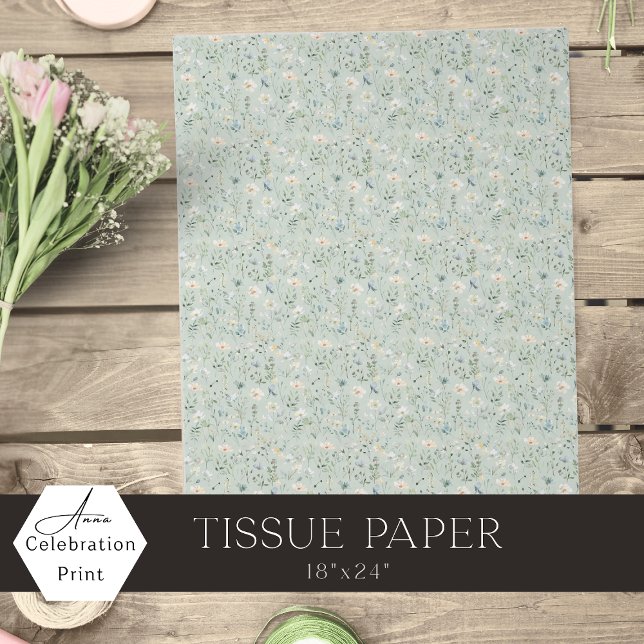 Papier Mousseline Sage Green Watercolor Small Wildflowers (Créateur téléchargé)