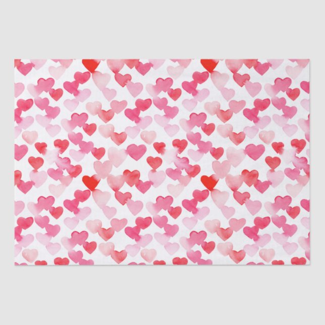 Papier Mousseline Saint Valentin Coeurs d'aquarelle rouge et rose (Recto)
