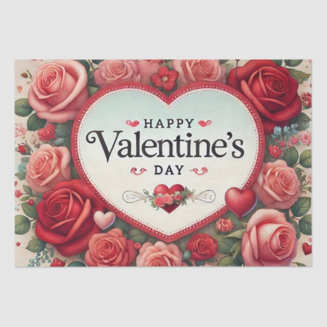 Papier Mousseline Saint Valentin Design avec Roses et Coeurs (Recto)