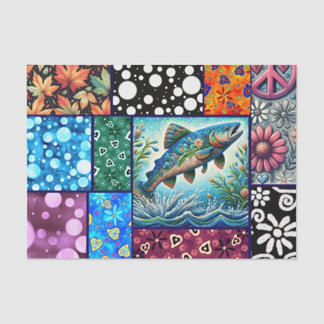 Papier Mousseline Salmon Crazy Quilt Floral Whimsical Decoupage (Recto)