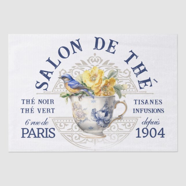 Papier Mousseline Salon de Thé Tearoom French Bird Teacup Découpage (Recto)