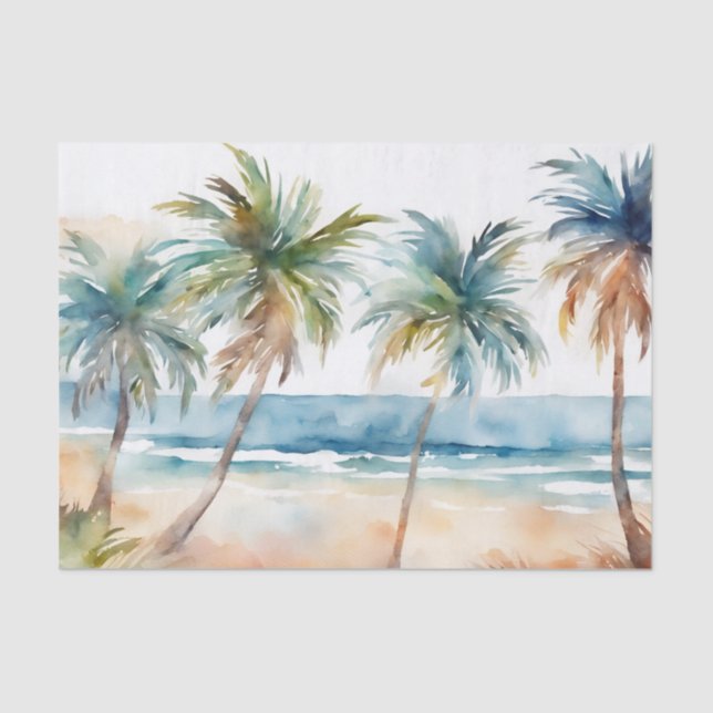 Papier Mousseline Sandy Watercolor Plage tropicale, Palmiers (Recto)