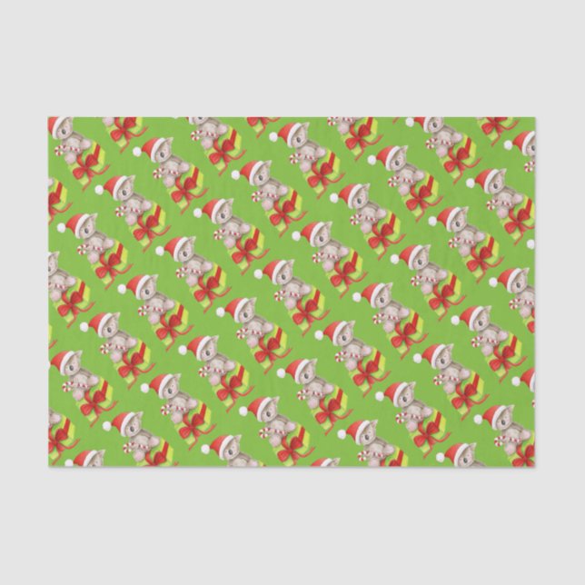 Papier Mousseline Santa hat ours candy rouge vert papier de tissu bl (Recto)