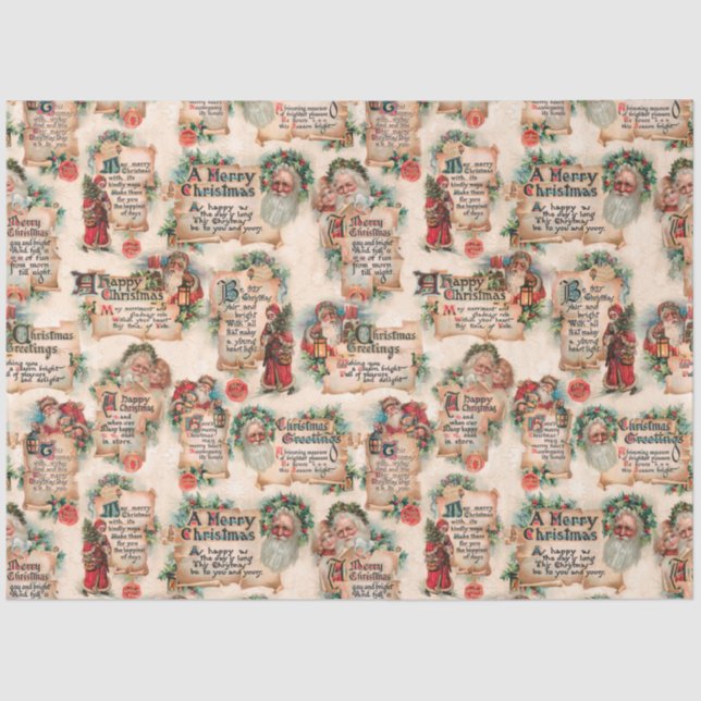 Papier Mousseline Santas vintage avec voeux de Noël & Holly (Recto)