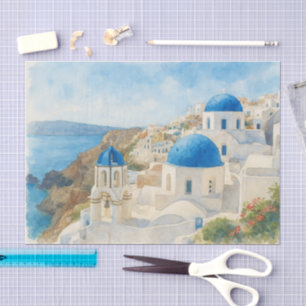 Papier Mousseline Santorin Grèce Aquarelle Église à Dôme Bleu Art