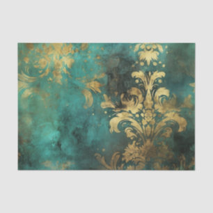 Papier Mousseline Sarcelle et Or Distressed Rustique Vintage Grunge