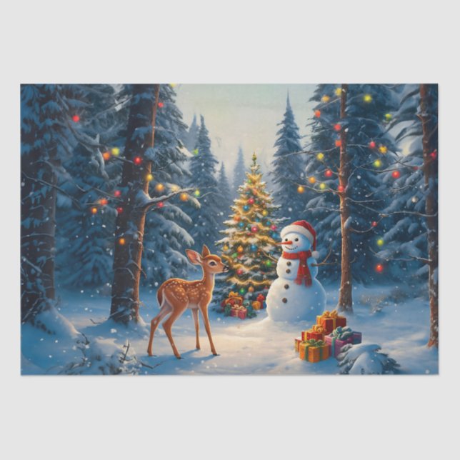 Papier Mousseline Scene d'arbre de Noël Cute Deer Fawn Snowman (Recto)