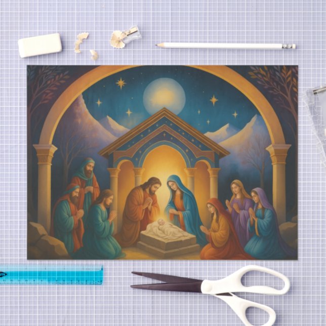 Papier Mousseline Scène de la Nativité Peinte Moderne (Artisanat)