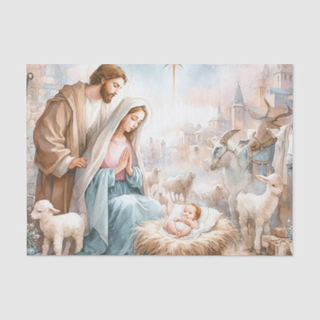Papier Mousseline Scène de la Sainte Famille Peinte avec Animaux (Recto)
