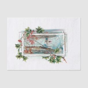 Papier Mousseline Scène de neige Vintage et paisible avec Holly