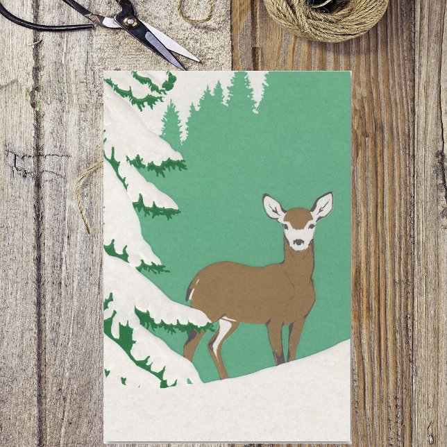 Papier Mousseline Scène hivernale de la neige cerf Pine Tree (White faces brown female deer in the snow by pine tree on mint green wrapping tissue paper.)
